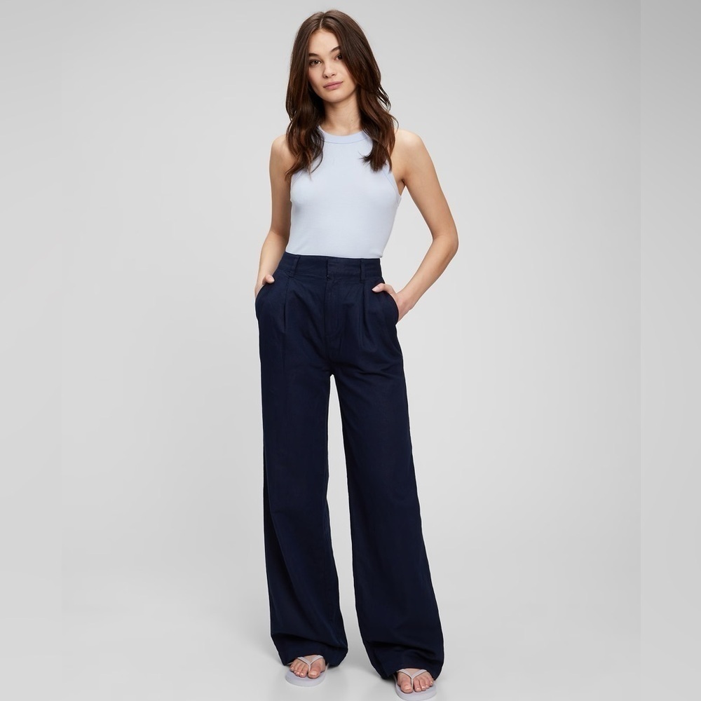NWOT! GAP Uniform Navy High Rise Linen-Cotton Pleated Wide Leg Pants- Multiple